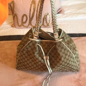 Gucci Khaki Canvas GG Logo Drawstring Shoulder Bag